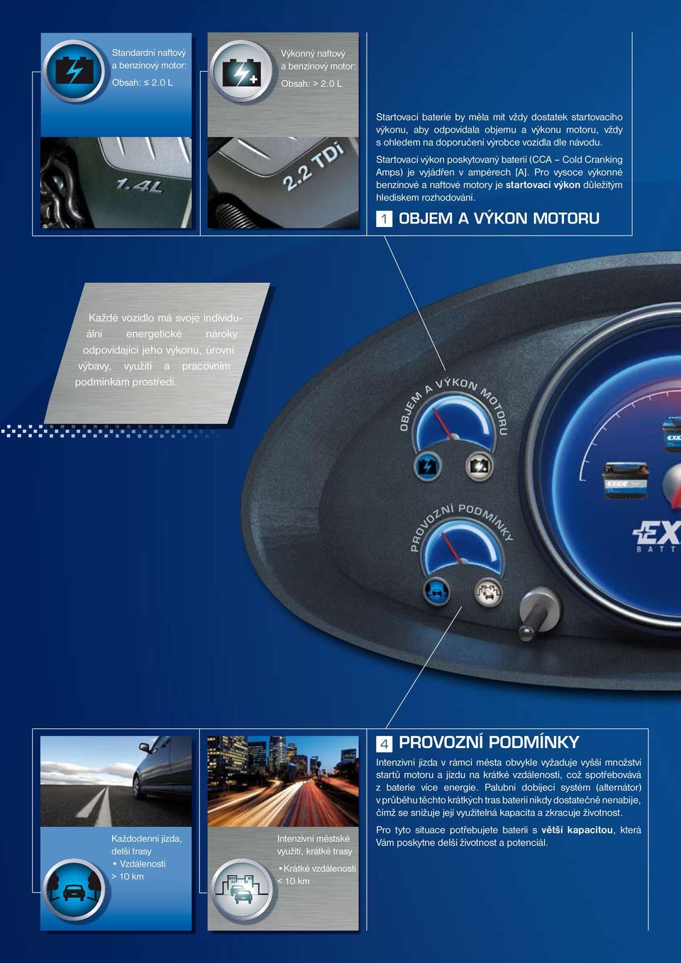 Startovací výkon poskytovaný baterií (CCA Cold Cranking Amps) je vyjádřen v ampérech [A]. Pro vysoce výkonné benzínové a naftové motory je startovací výkon důležitým hlediskem rozhodování.