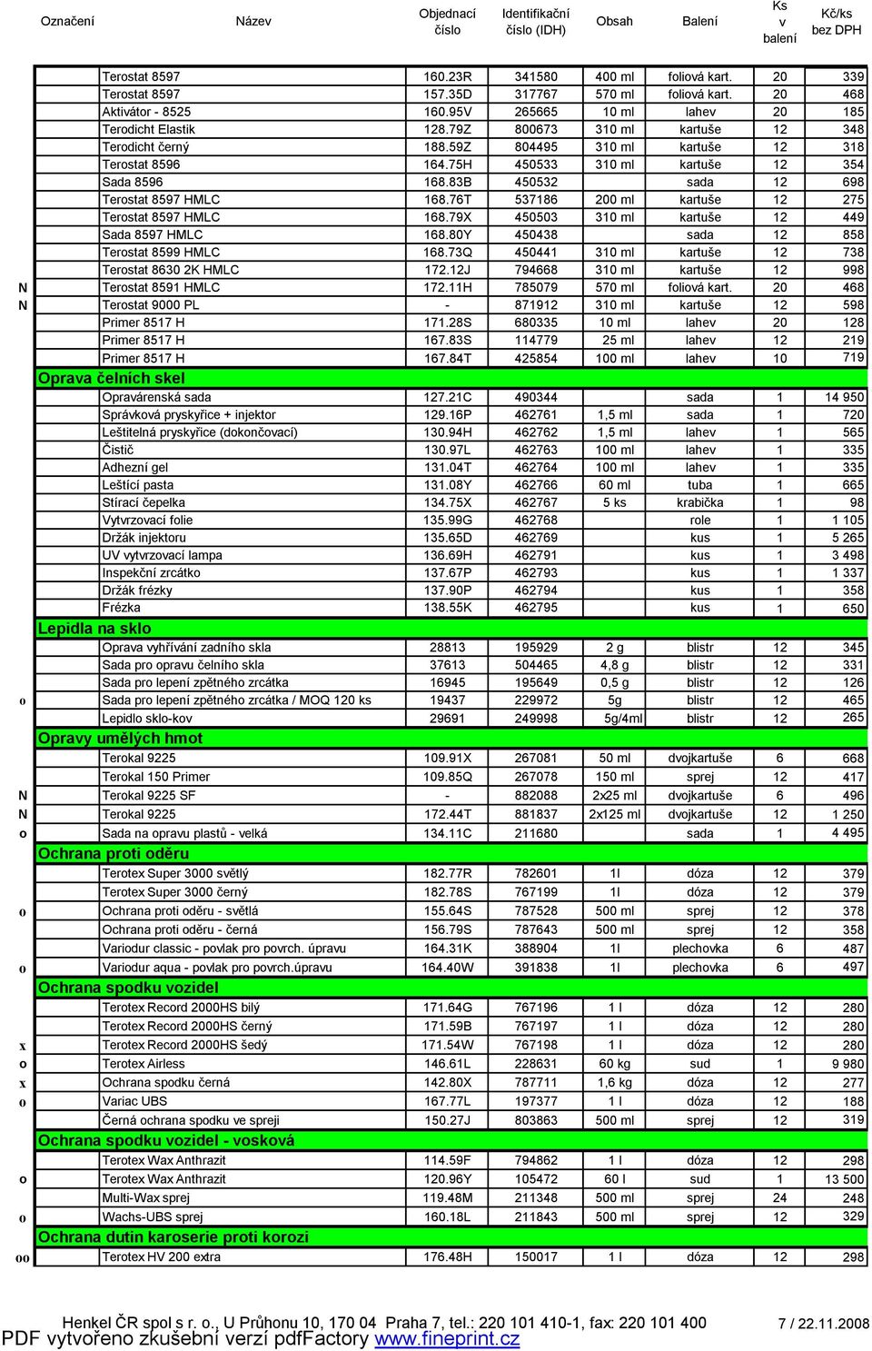 76T 537186 200 ml kartuše 12 275 Terostat 8597 HMLC 168.79X 450503 310 ml kartuše 12 449 Sada 8597 HMLC 168.80Y 450438 sada 12 858 Terostat 8599 HMLC 168.