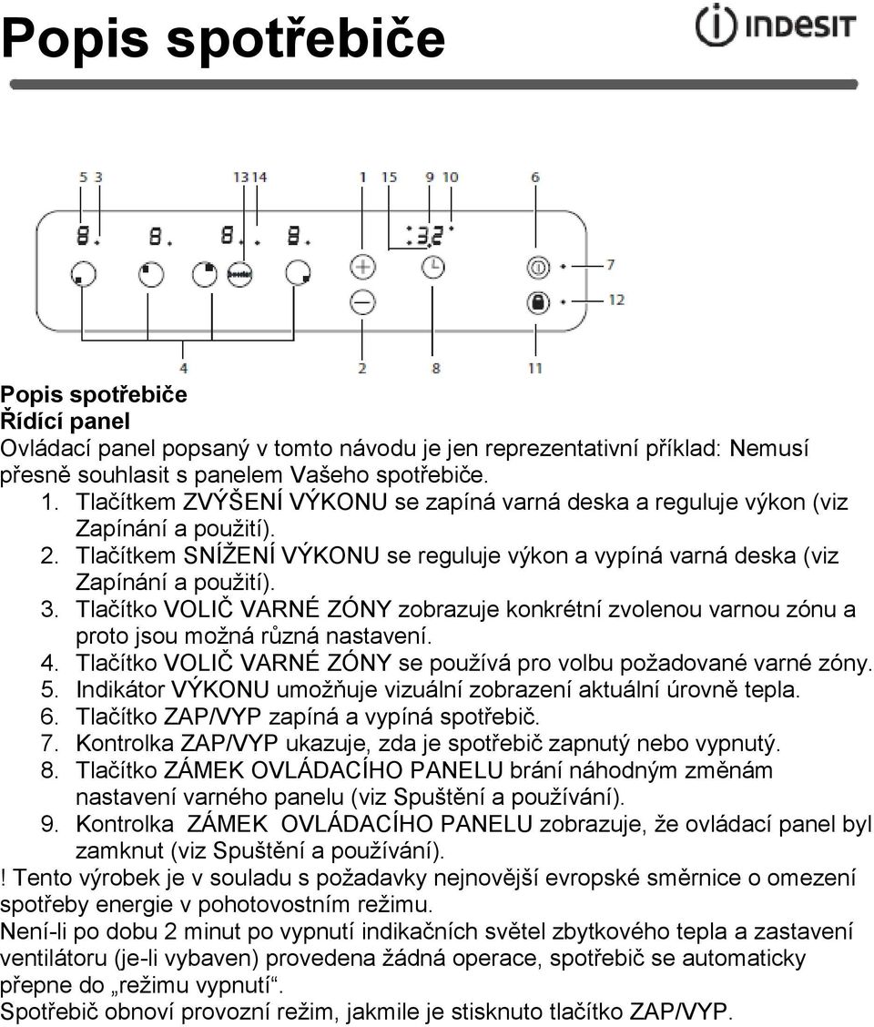 Tlačítko VOLIČ VARNÉ ZÓNY zobrazuje konkrétní zvolenou varnou zónu a proto jsou možná různá nastavení. 4. Tlačítko VOLIČ VARNÉ ZÓNY se používá pro volbu požadované varné zóny. 5.