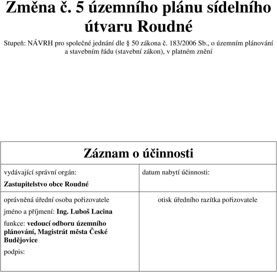 Zastupitelstvo obce Roudné oprávněná úřední osoba pořizovatele jméno a příjmení: Ing.