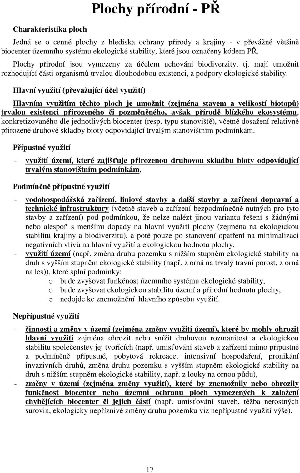 Hlavní využití (převažující účel využití) Hlavním využitím těchto ploch je umožnit (zejména stavem a velikostí biotopů) trvalou existenci přirozeného či pozměněného, avšak přírodě blízkého