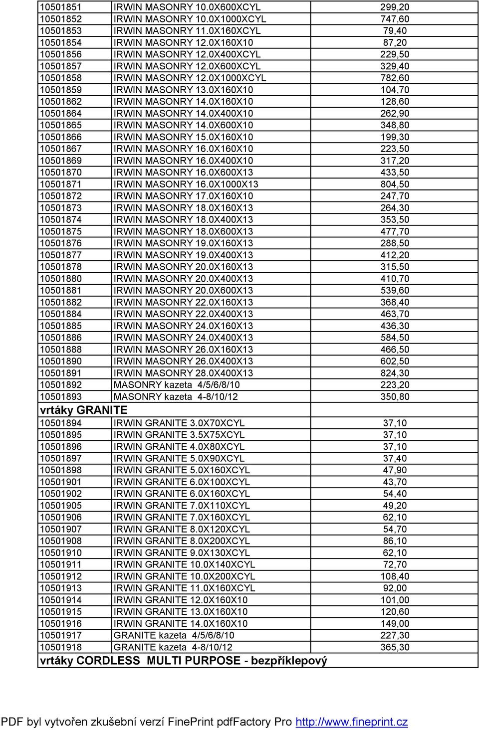 0X160X10 128,60 10501864 IRWIN MASONRY 14.0X400X10 262,90 10501865 IRWIN MASONRY 14.0X600X10 348,80 10501866 IRWIN MASONRY 15.0X160X10 199,30 10501867 IRWIN MASONRY 16.