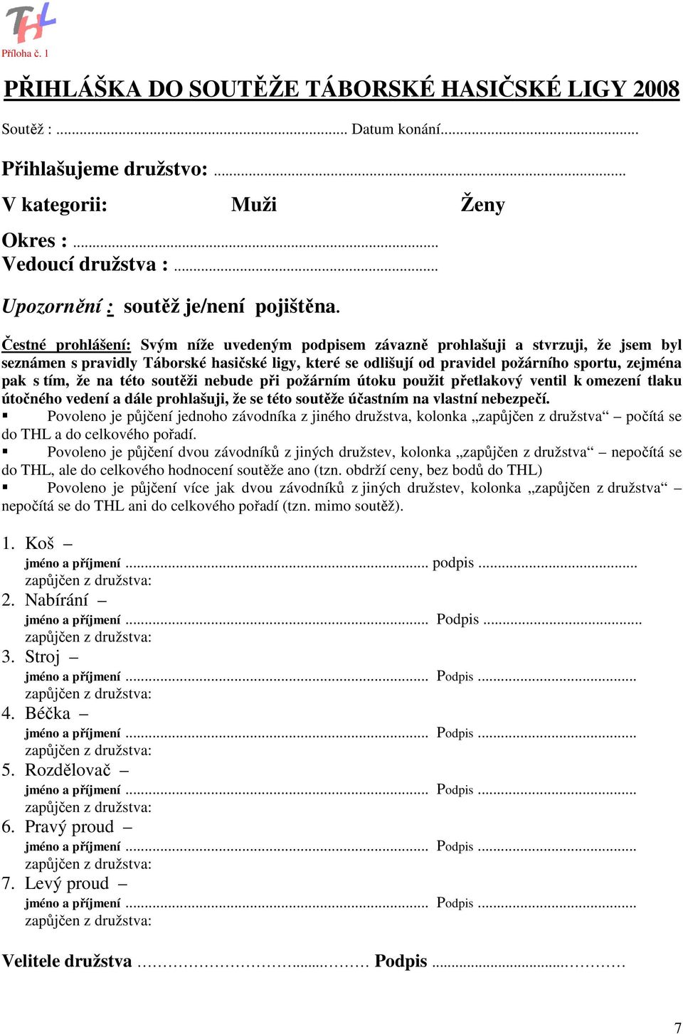 Čestné prohlášení: Svým níže uvedeným podpisem závazně prohlašuji a stvrzuji, že jsem byl seznámen s pravidly Táborské hasičské ligy, které se odlišují od pravidel požárního sportu, zejména pak s