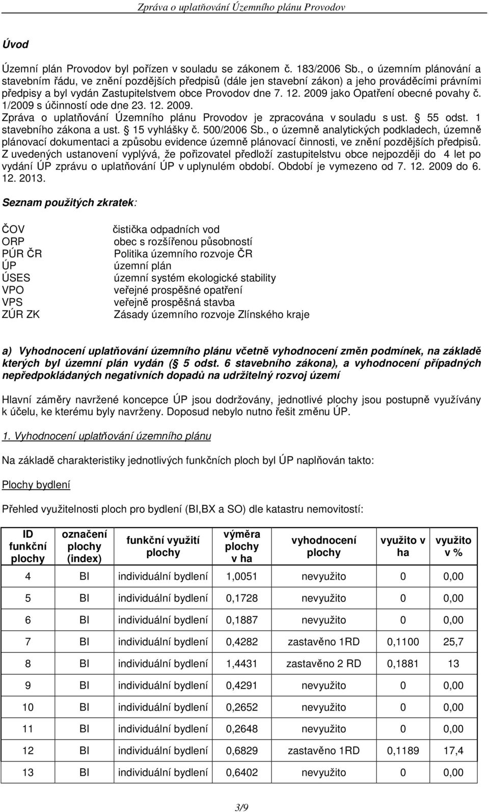 2009 jako Opatření obecné povahy č. 1/2009 s účinností ode dne 23. 12. 2009. Zpráva o uplatňování Územního plánu Provodov je zpracována v souladu s ust. 55 odst. 1 stavebního zákona a ust.