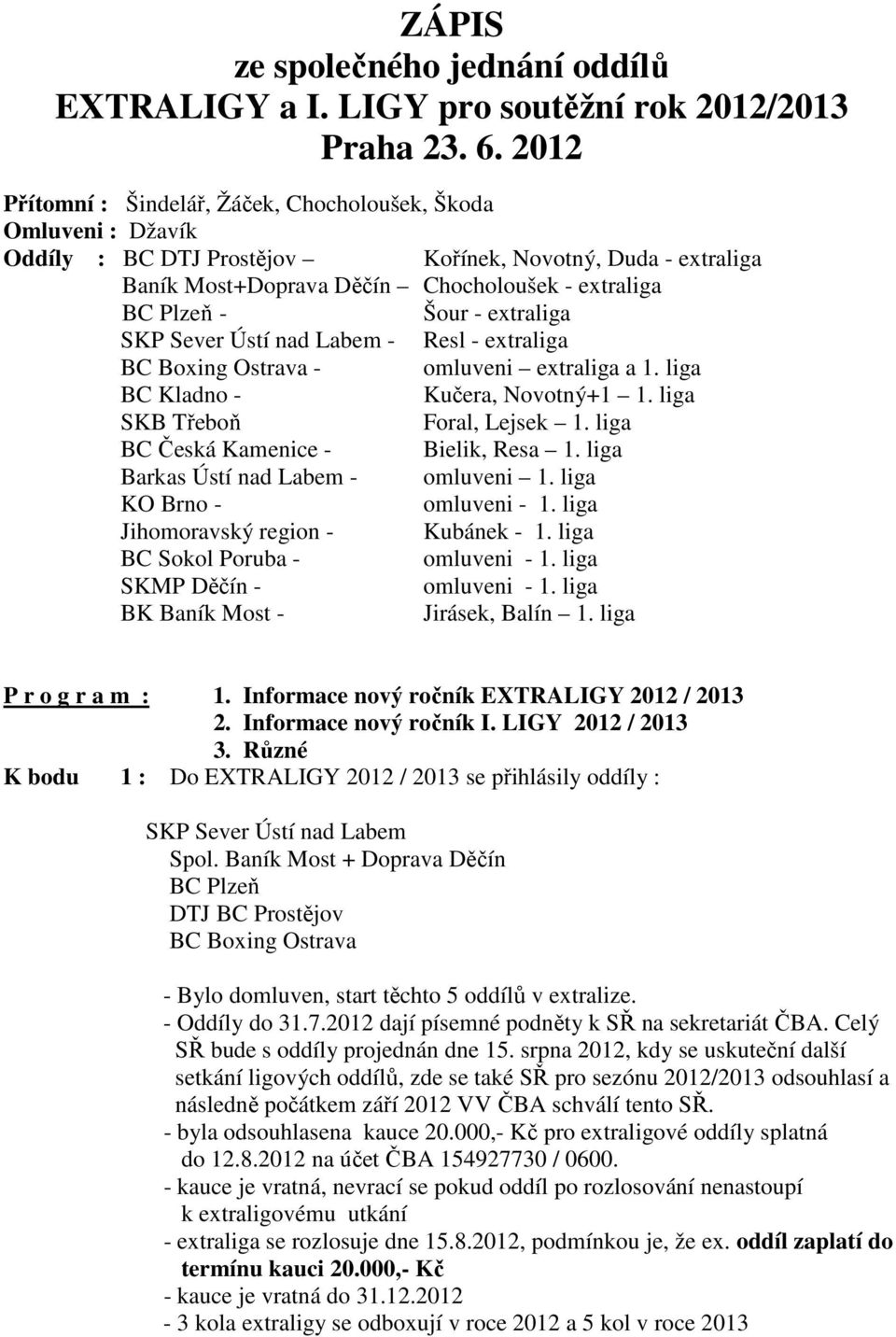 extraliga SKP Sever Ústí nad Labem - Resl - extraliga BC Boxing Ostrava - omluveni extraliga a 1. liga BC Kladno - Kučera, Novotný+1 1. liga SKB Třeboň Foral, Lejsek 1.