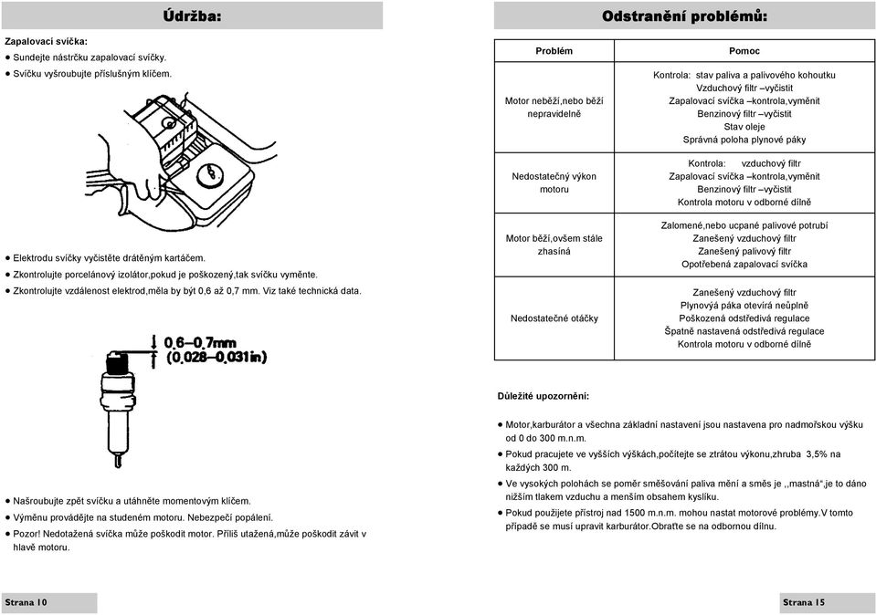 Problém Motor neběží,nebo běží nepravidelně Nedostatečný výkon motoru Motor běží,ovšem stále zhasíná Nedostatečné otáčky Pomoc Kontrola: stav paliva a palivového kohoutku Vzduchový filtr vyčistit