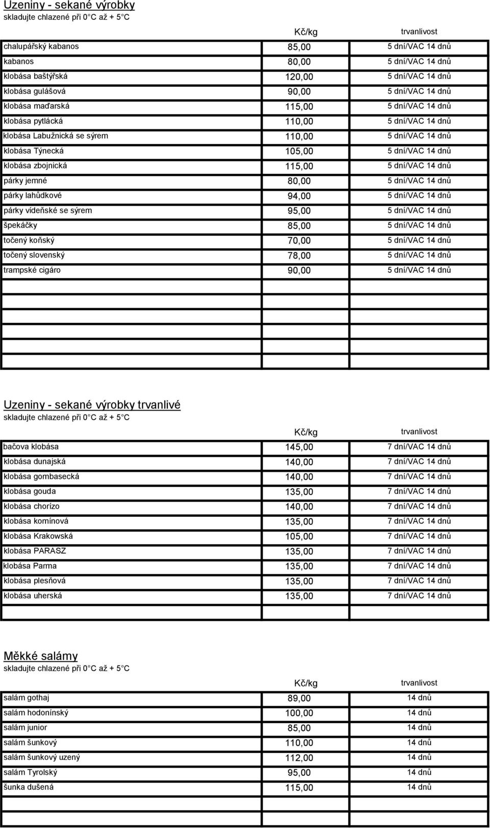 párky jemné 80,00 5 dní/vac 14 dnů párky lahůdkové 94,00 5 dní/vac 14 dnů párky vídeňské se sýrem 95,00 5 dní/vac 14 dnů špekáčky 85,00 5 dní/vac 14 dnů točený koňský 70,00 5 dní/vac 14 dnů točený