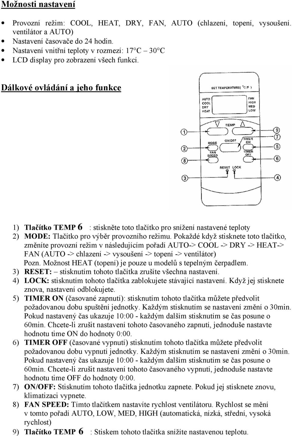 Dálkové ovládání a jeho funkce 1) Tlačítko TEMP 6 : stiskněte toto tlačítko pro snížení nastavené teploty 2) MODE: Tlačítko pro výběr provozního režimu.
