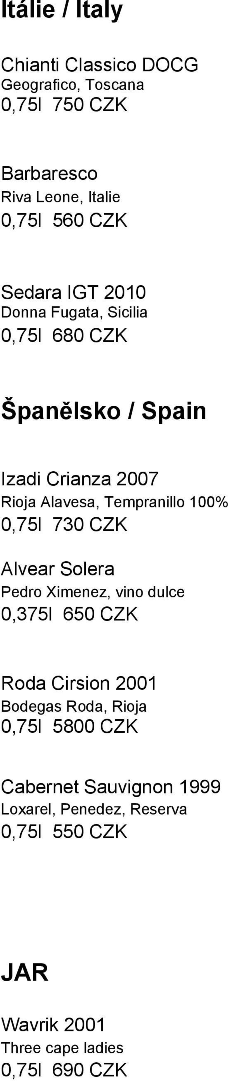 100% 0,75l 730 CZK Alvear Solera Pedro Ximenez, vino dulce 0,375l 650 CZK Roda Cirsion 2001 Bodegas Roda, Rioja 0,75l