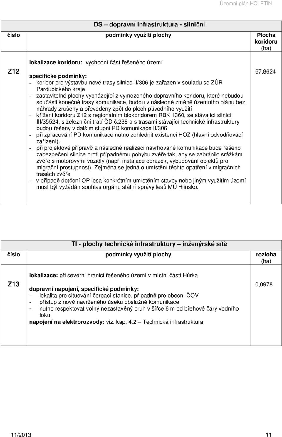 budou v následné změně územního plánu bez náhrady zrušeny a převedeny zpět do ploch původního využití - křížení koridoru Z12 s regionálním biokoridorem RBK 1360, se stávající silnicí III/35524, s