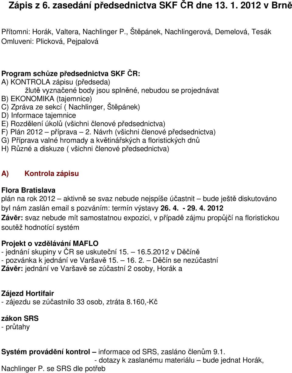 B) EKONOMIKA (tajemnice) C) Zpráva ze sekcí ( Nachlinger, Štěpánek) D) Informace tajemnice E) Rozdělení úkolů (všichni členové předsednictva) F) Plán 2012 příprava 2.