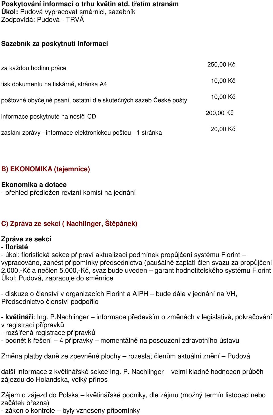 psaní, ostatní dle skutečných sazeb České pošty informace poskytnuté na nosiči CD zaslání zprávy - informace elektronickou poštou - 1 stránka 250,00 Kč 10,00 Kč 10,00 Kč 200,00 Kč 20,00 Kč B)