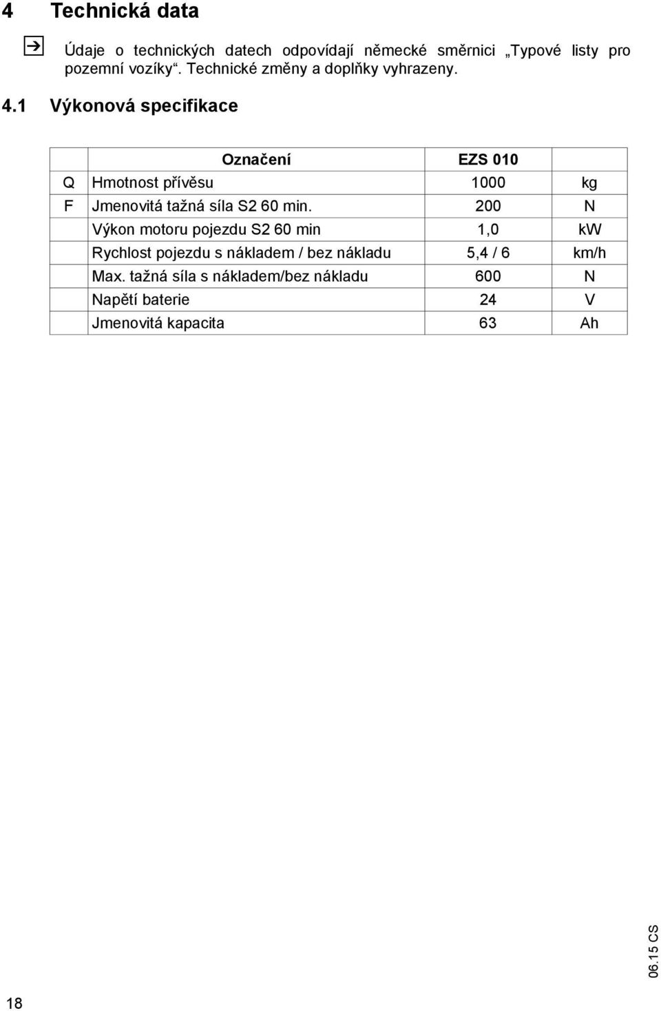 1 Výkonová specifikace Označení EZS 010 Q Hmotnost přívěsu 1000 kg F Jmenovitá tažná síla S2 60 min.