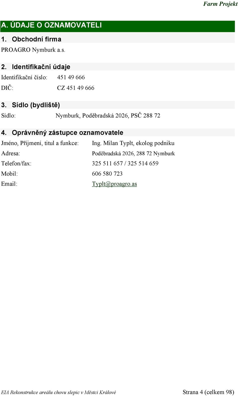 Sídlo (bydliště) Sídlo: Nymburk, Poděbradská 2026, PSČ 288 72 4.