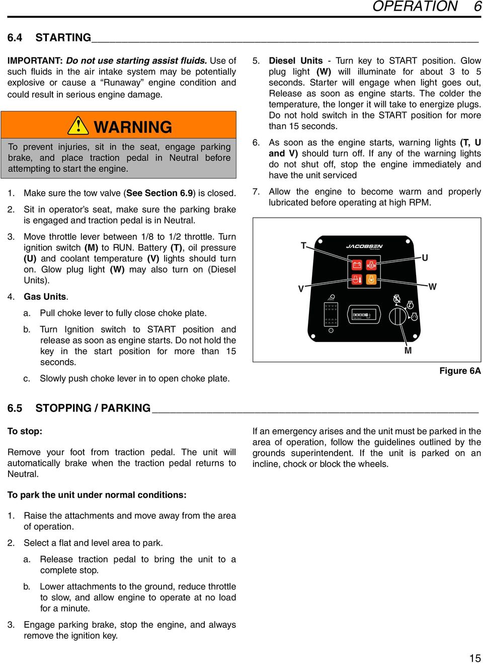 WARNING To prevent injuries, sit in the seat, engage parking brake, and place traction pedal in Neutral before attempting to start the engine. 1. Make sure the tow valve (See Section 6.9) is closed.