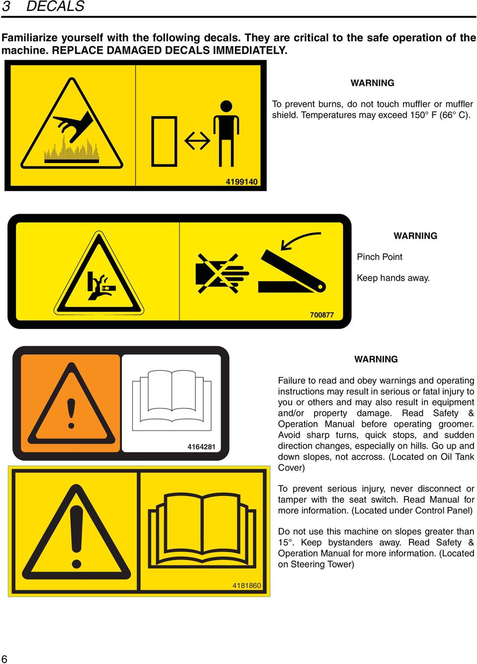 700877 WARNING 4164281 Failure to read and obey warnings and operating instructions may result in serious or fatal injury to you or others and may also result in equipment and/or property damage.