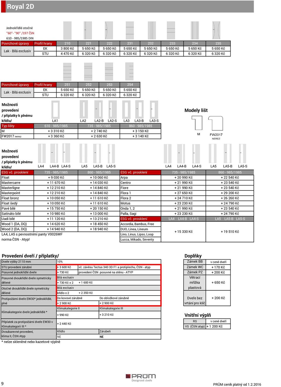 Kč 6 320 Kč Profil hrany 251 252 253 254 EK 5 650 Kč 5 650 Kč 5 650 Kč 5 650 Kč 6 320 Kč 6 320 Kč 6 320 Kč 6 320 Kč Možnosti provedení / příplatky k mu křídlu/ LA1 LA2 LA2-B LA2-S LA3 LA3-B LA3-S Typ