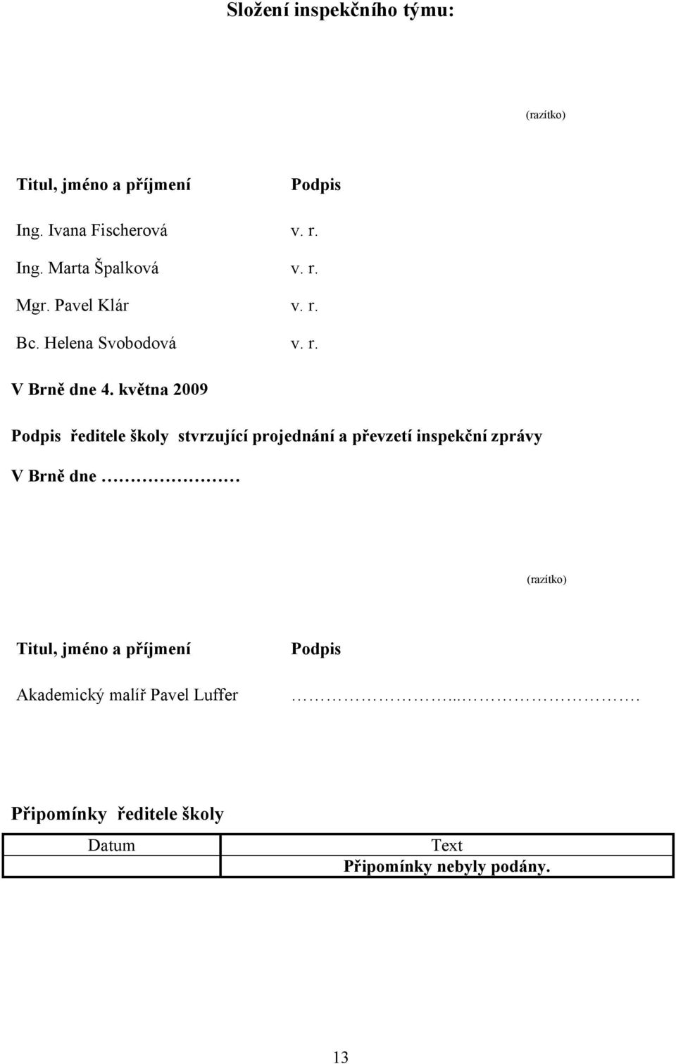 května 2009 Podpis ředitele školy stvrzující projednání a převzetí inspekční zprávy V Brně dne (razítko)