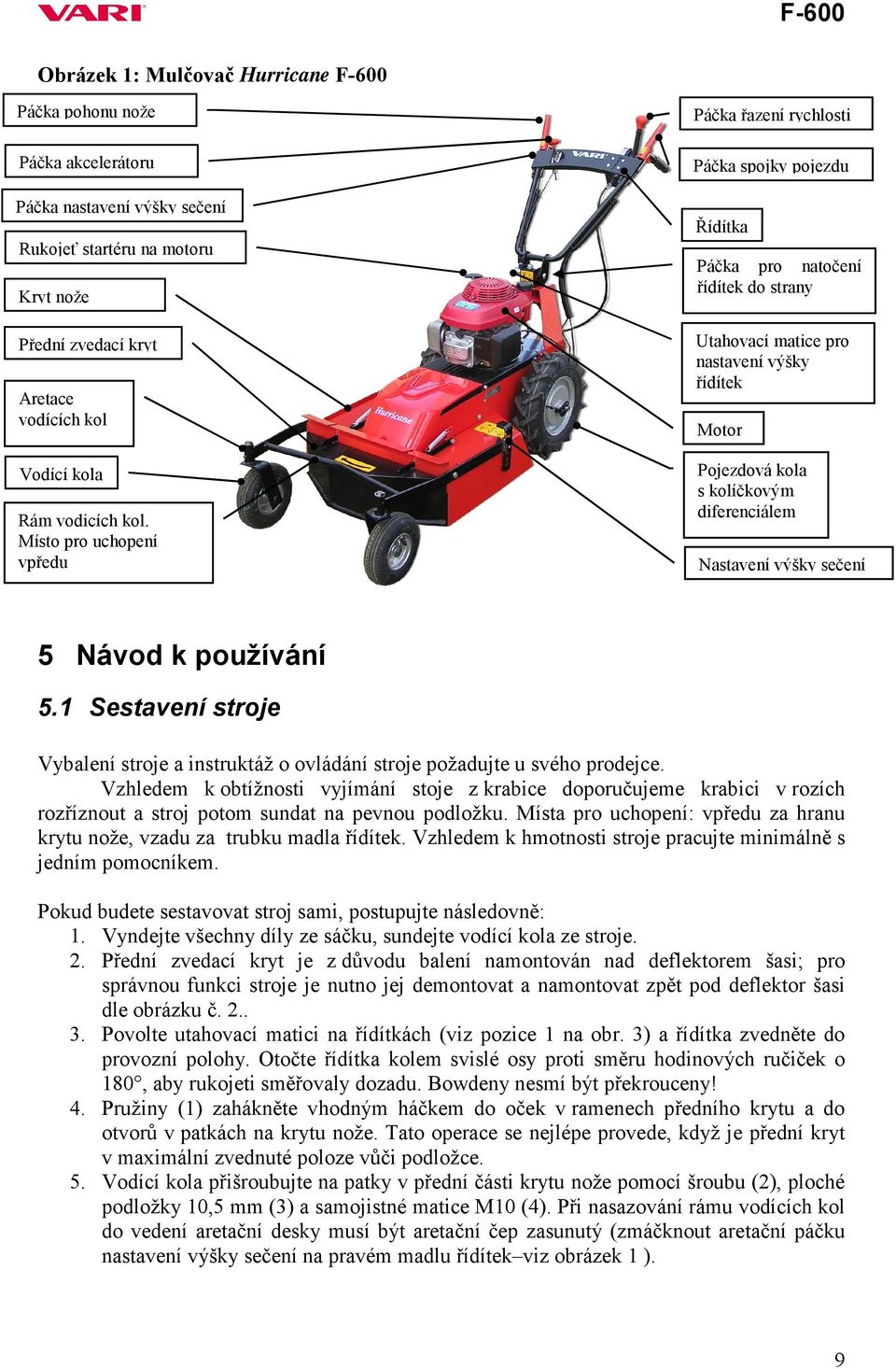 Místo pro uchopení vpředu Páčka řazení rychlosti Páčka spojky pojezdu Řídítka Páčka pro natočení řídítek do strany Utahovací matice pro nastavení výšky řídítek Motor Pojezdová kola s kolíčkovým