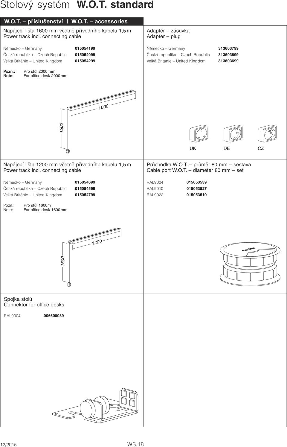 Czech Republic 313603899 Velká Británie United Kingdom 313603699 Pozn.: Note: Pro stůl 2000 mm For office desk 2000 mm Napájecí lišta 1200 mm včetně přívodního kabelu 1,5 m Power track incl.