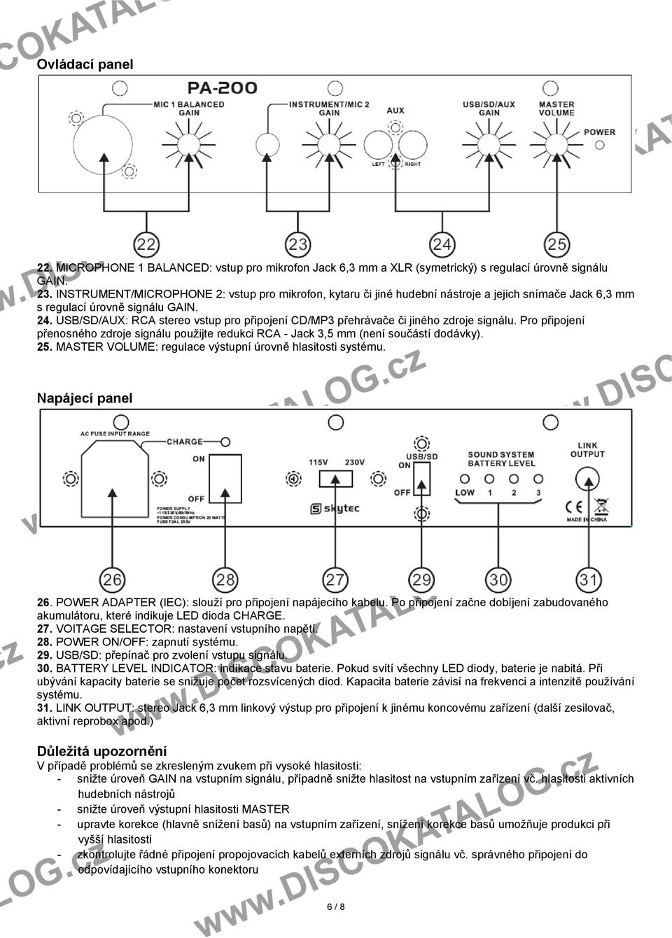 USB/SD/AUX: RCA stereo vstup pro připojení CD/MP3 přehrávače či jiného zdroje signálu. Pro připojení přenosného zdroje signálu použijte redukci RCA - Jack 3,5 mm (není součástí dodávky). 25.