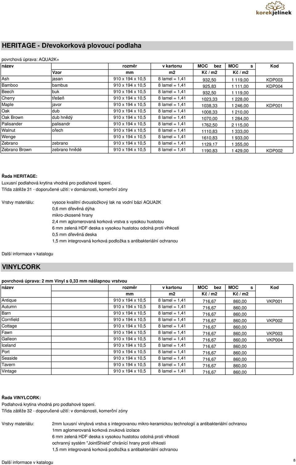 1,41 1038,33 1 246,00 KDP001 Oak dub 910 x 194 x 10,5 8 lamel = 1,41 1008,33 1 210,00 Oak Brown dub hnědý 910 x 194 x 10,5 8 lamel = 1,41 1070,00 1 284,00 Palisander palisandr 910 x 194 x 10,5 8