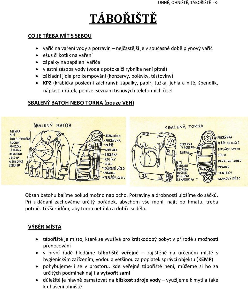 drátek, peníze, seznam tísňových telefonních čísel SBALENÝ BATOH NEBO TORNA (pouze VEH) Obsah batohu balíme pokud možno naplocho. Potraviny a drobnosti uložíme do sáčků.