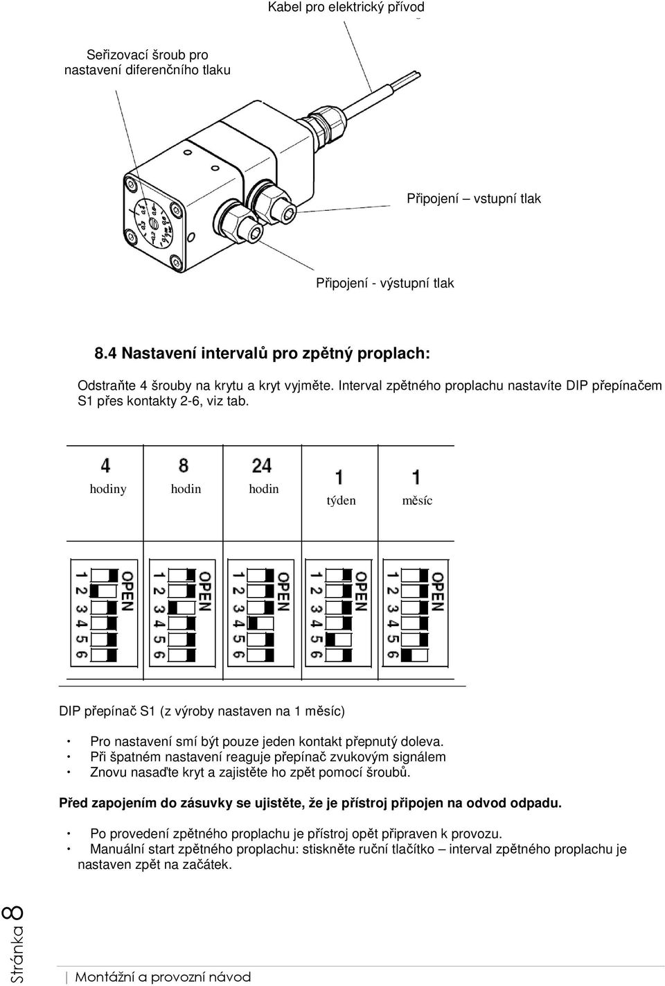 hodiny hodin hodin týden měsíc DIP přepínač S1 (z výroby nastaven na 1 měsíc) Pro nastavení smí být pouze jeden kontakt přepnutý doleva.