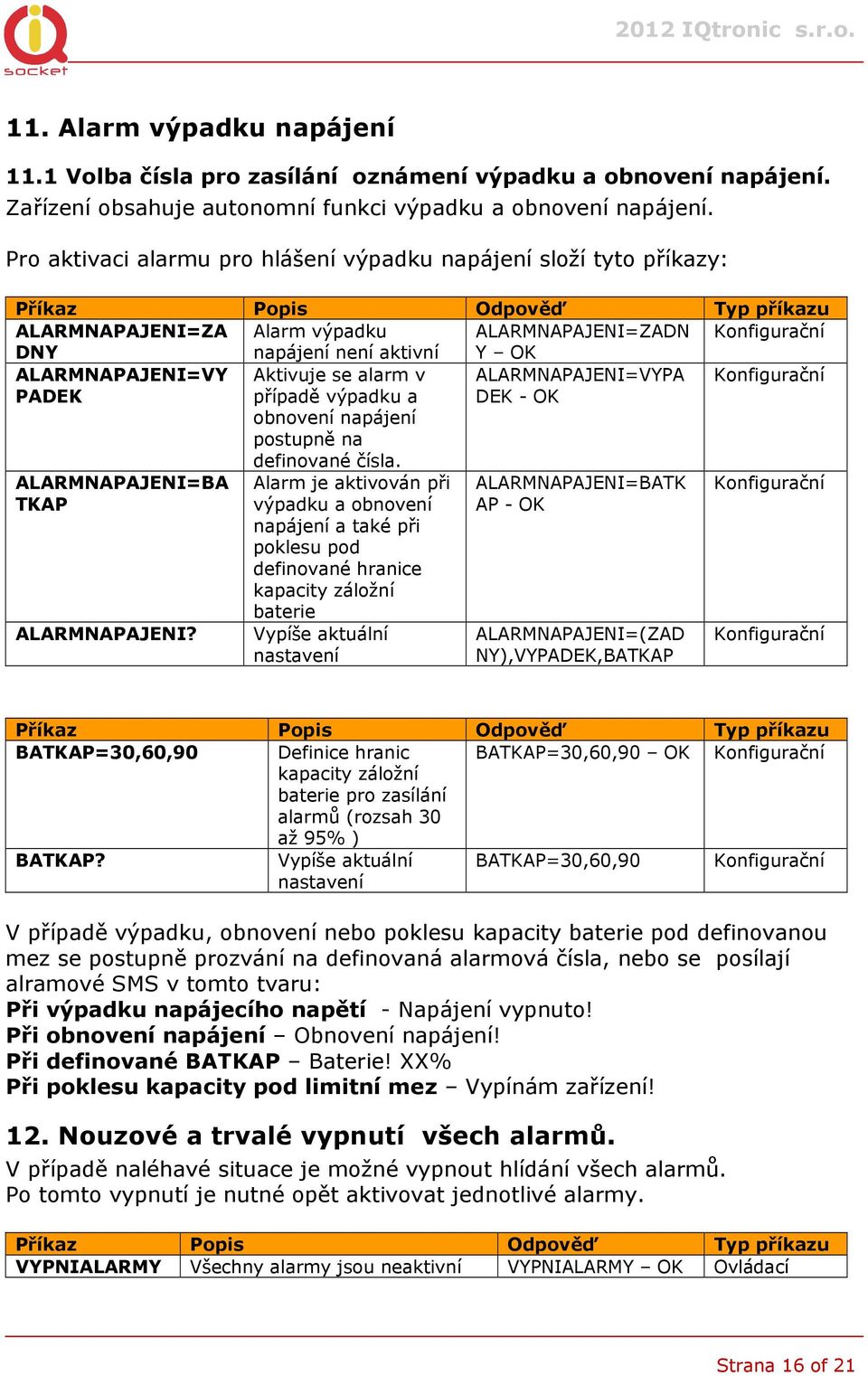 výpadku a obnovení napájení postupně na definované čísla. ALARMNAPAJENI=VYPA DEK - ALARMNAPAJENI=BA TKAP ALARMNAPAJENI?