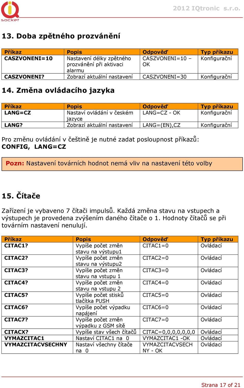 Zobrazí aktuální nastavení LANG=(EN),CZ Pro změnu ovládání v češtině je nutné zadat posloupnost příkazů: CONFIG, LANG=CZ Pozn: Nastavení továrních hodnot nemá vliv na nastavení této volby 15.