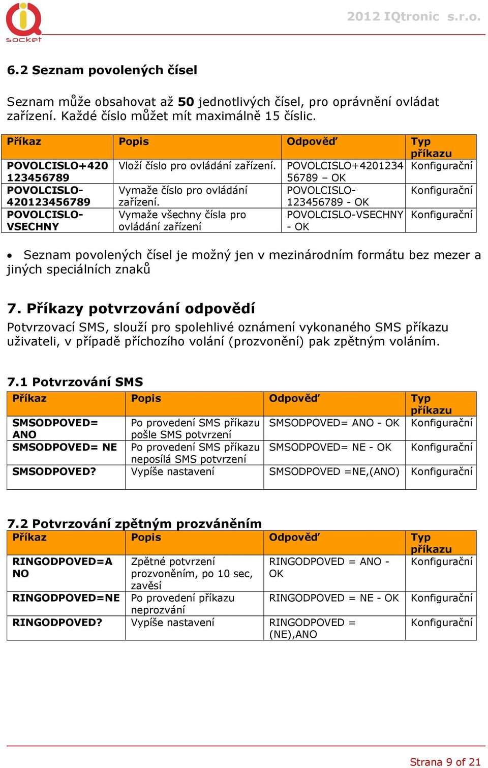 123456789 - POVOLCISLO- VSECHNY Vymaže všechny čísla pro ovládání zařízení POVOLCISLO-VSECHNY - Seznam povolených čísel je možný jen v mezinárodním formátu bez mezer a jiných speciálních znaků 7.