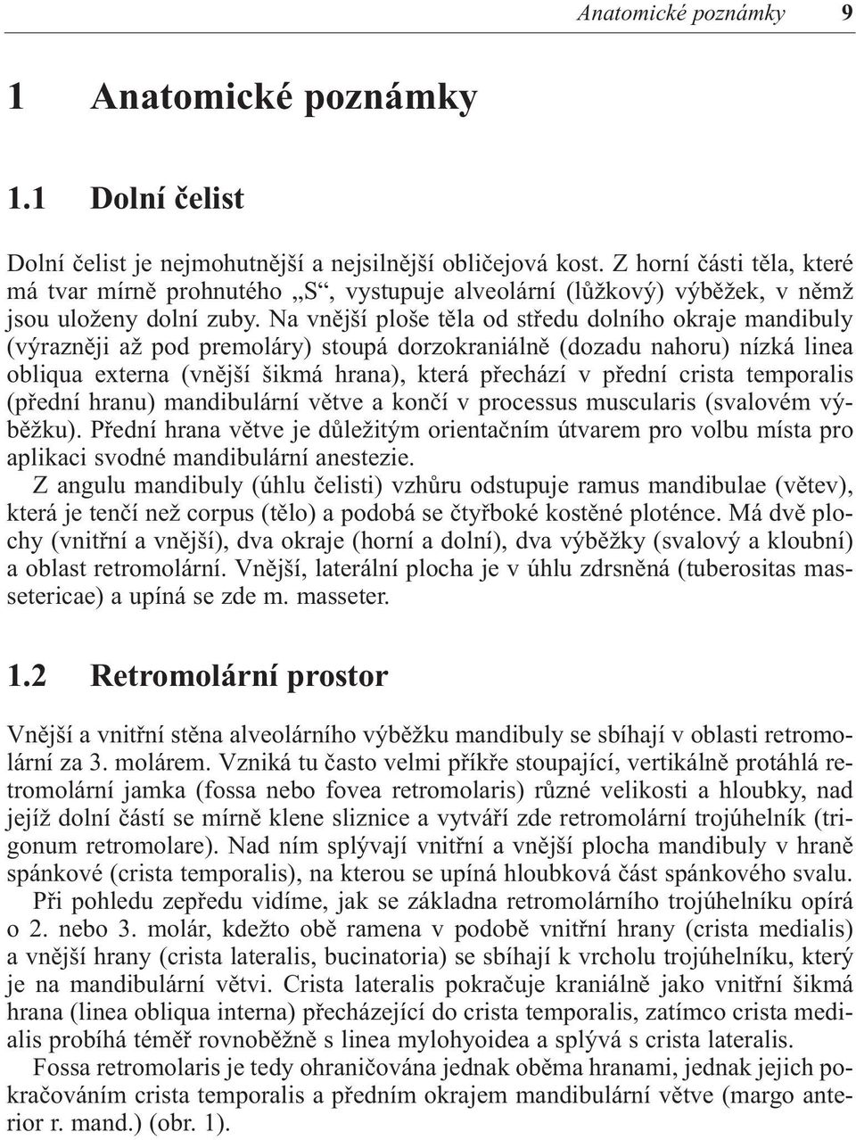 Na vnější ploše těla od středu dolního okraje mandibuly (výrazněji až pod premoláry) stoupá dorzokraniálně (dozadu nahoru) nízká linea obliqua externa (vnější šikmá hrana), která přechází v přední