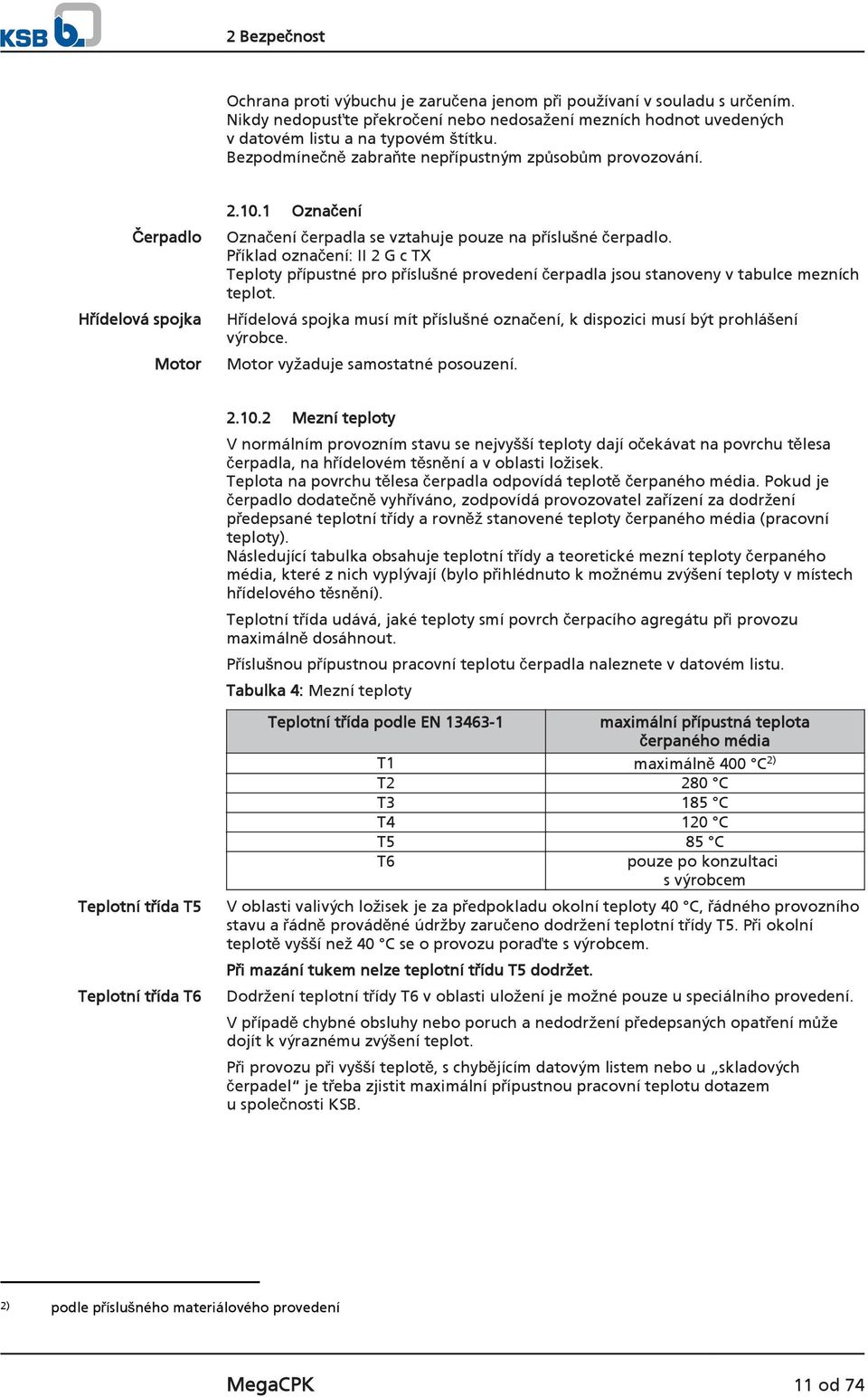 Příklad označení: II 2 G c TX Teploty přípustné pro příslušné provedení čerpadla jsou stanoveny v tabulce mezních teplot.