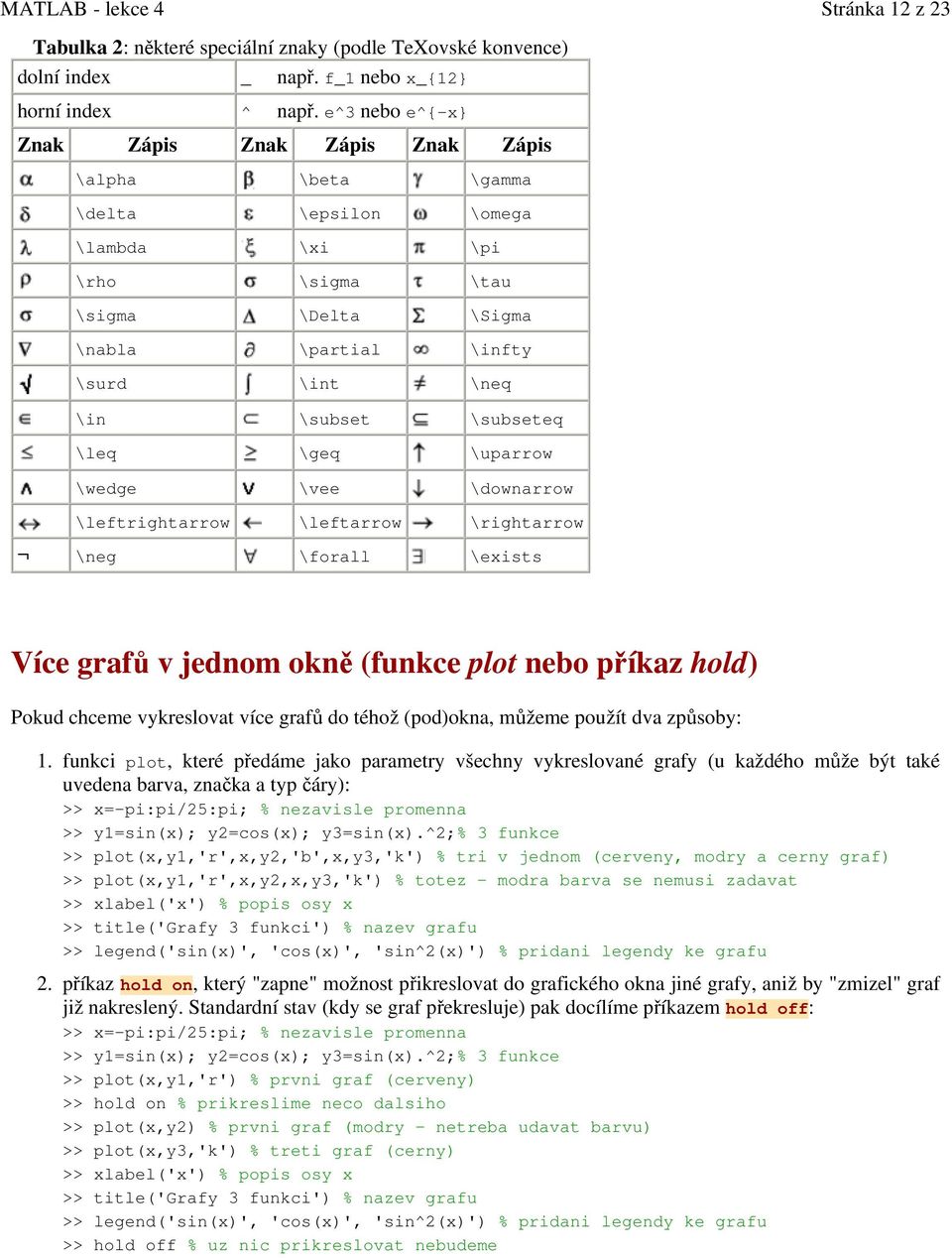 \subseteq \leq \geq \uparrow \wedge \vee \downarrow \leftrightarrow \leftarrow \rightarrow \neg \forall \exists Více grafů v jednom okně (funkce plot nebo příkaz hold) Pokud chceme vykreslovat více