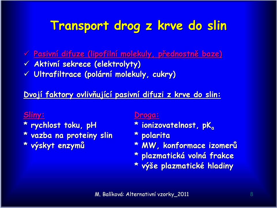 slin: Sliny: Droga: * rychlost toku, ph * ionizovatelnost, pk a * vazba na proteiny slin * polarita * výskyt