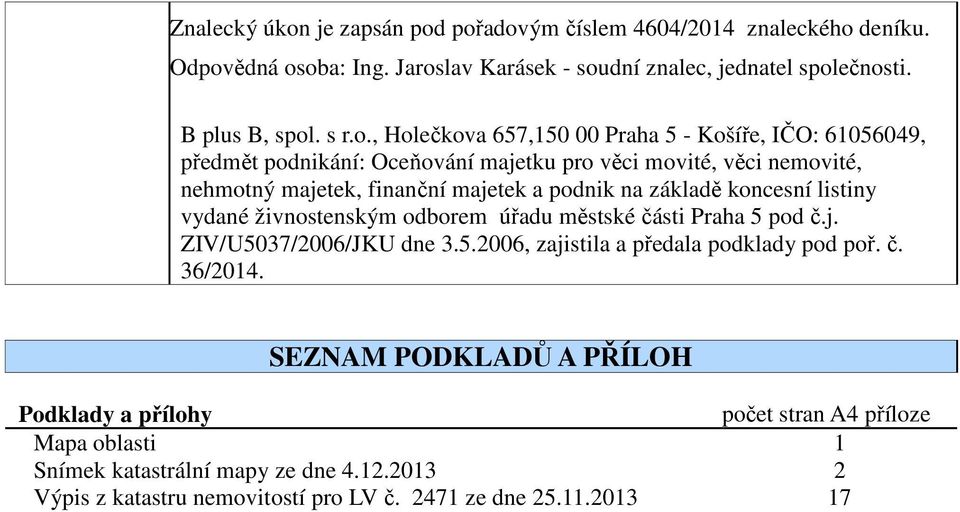 pořadovým číslem 4604/2014 znaleckého deníku. Odpovědná osoba: Ing. Jaroslav Karásek - soudní znalec, jednatel společnosti. B plus B, spol. s r.o., Holečkova 657,150 00 Praha 5