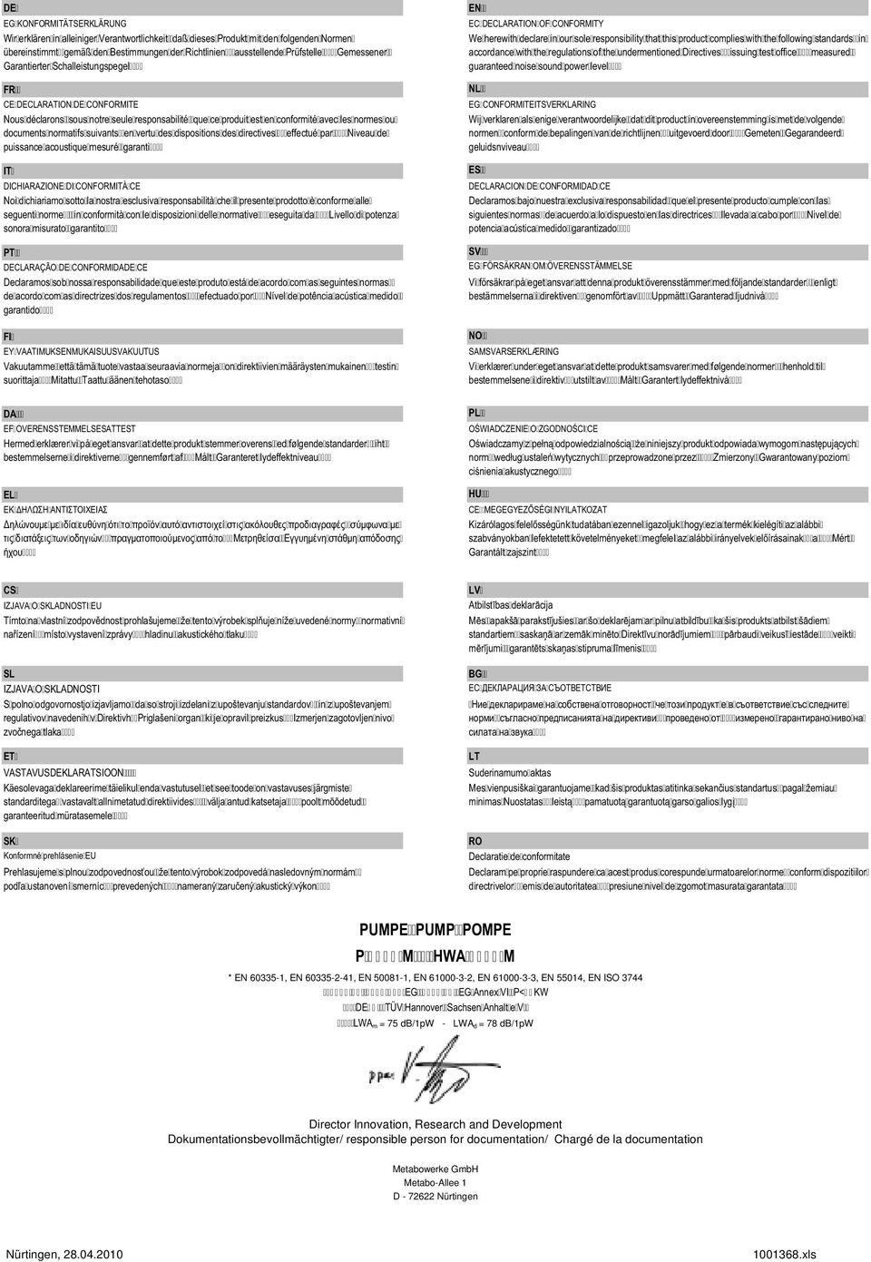 Dokumentationsbevollmächtigter/ responsible person for documentation/ Chargé de la