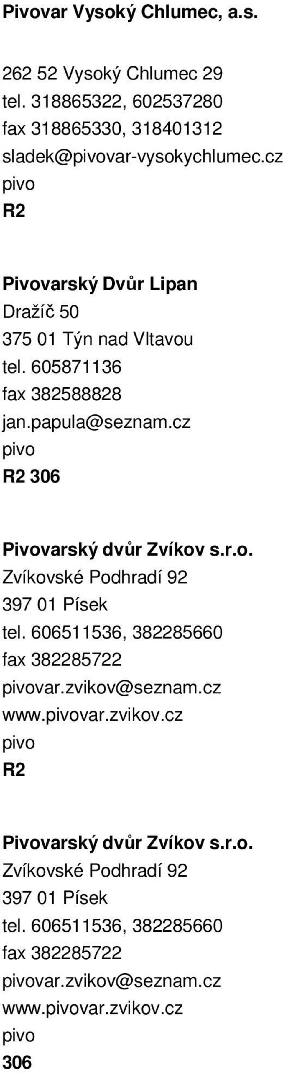 cz 306 Pivovarský dvůr Zvíkov s.r.o. Zvíkovské Podhradí 92 397 01 Písek tel. 606511536, 382285660 fax 382285722 var.zvikov@seznam.