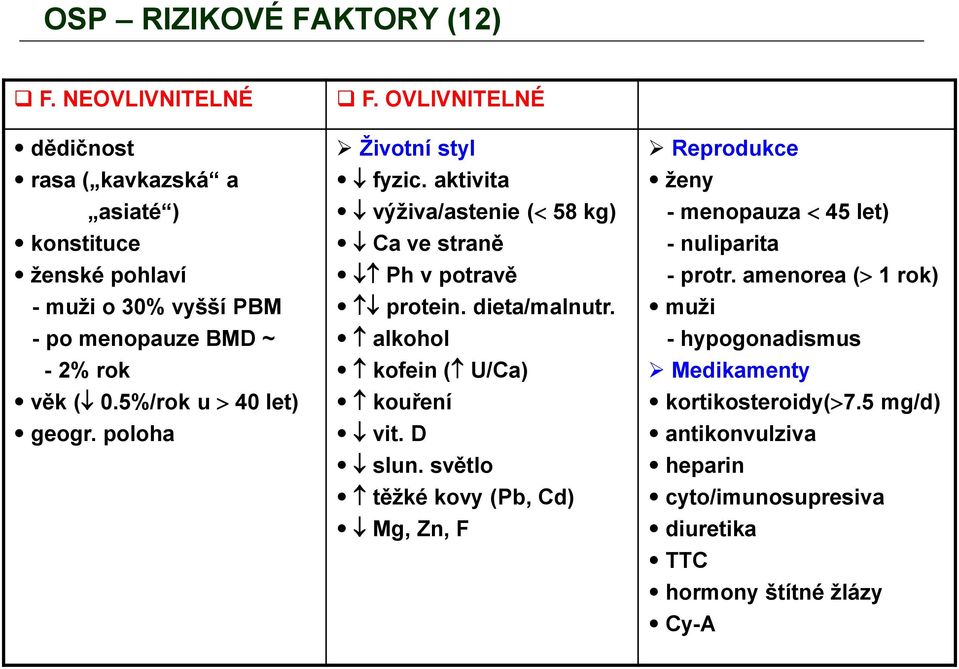 5%/rok u 40 let) geogr. poloha F. OVLIVNITELNÉ Životní styl fyzic. aktivita výživa/astenie ( 58 kg) Ca ve straně Ph v potravě protein. dieta/malnutr.