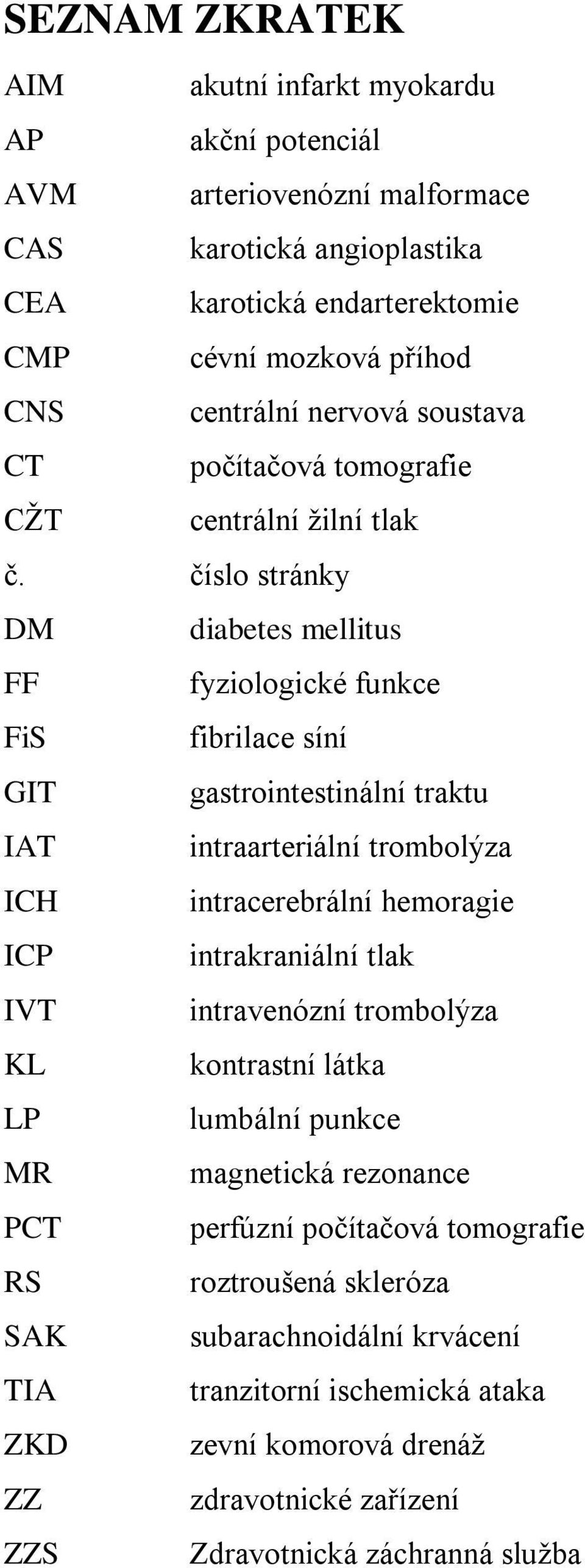 číslo stránky DM diabetes mellitus FF fyziologické funkce FiS fibrilace síní GIT gastrointestinální traktu IAT intraarteriální trombolýza ICH intracerebrální hemoragie ICP intrakraniální