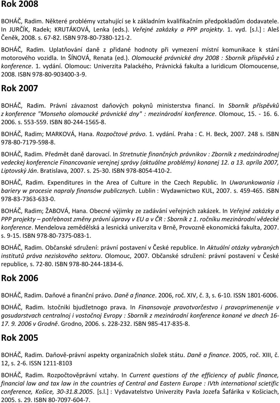 Olomoucké právnické dny 2008 : Sborník příspěvků z konference. 1. vydání. Olomouc: Univerzita Palackého, Právnická fakulta a Iuridicum Olomoucense, 2008. ISBN 978-80-903400-3-9. Rok 2007 BOHÁČ, Radim.