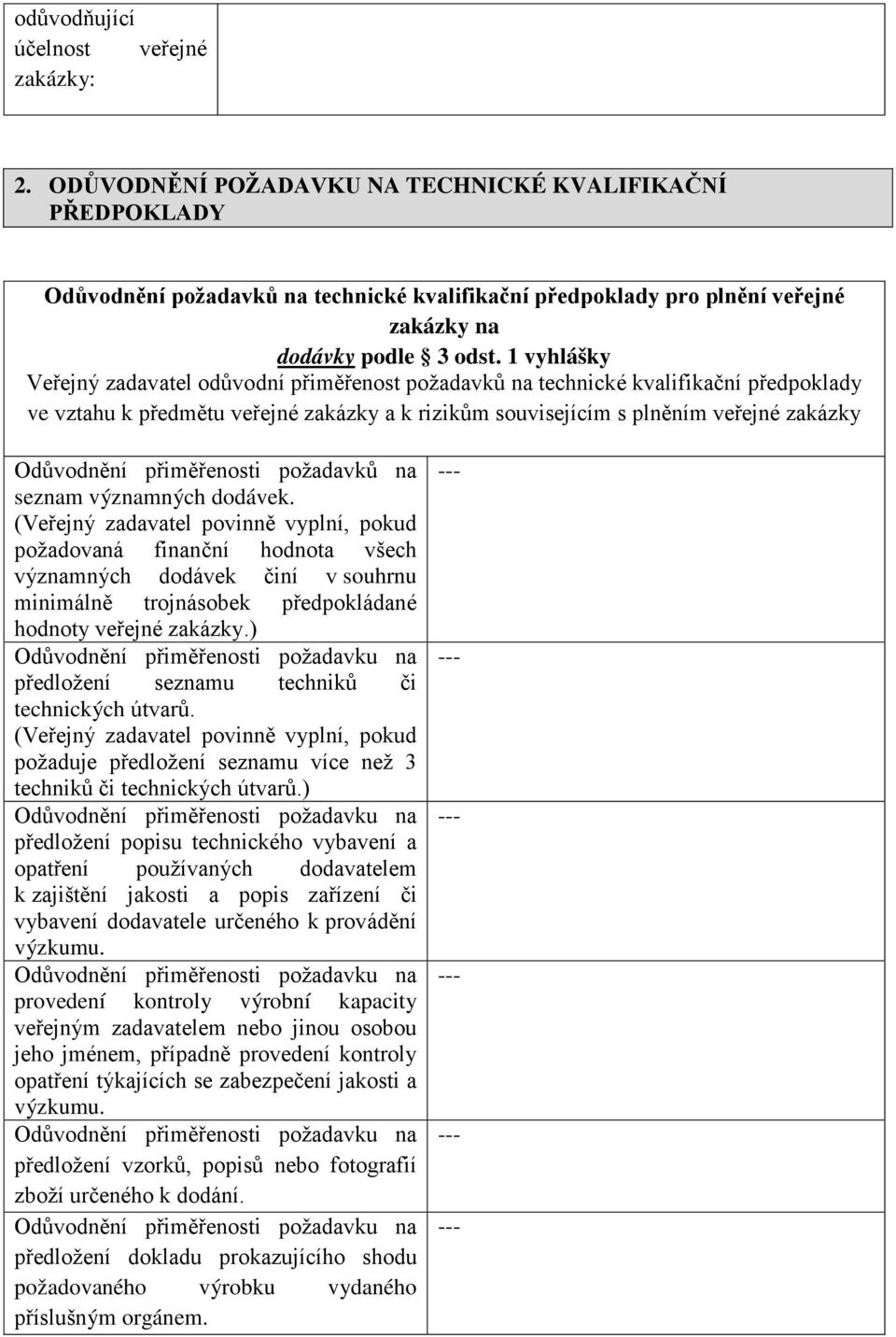 1 vyhlášky Veřejný zadavatel odůvodní přiměřenost požadavků na technické kvalifikační předpoklady ve vztahu k předmětu veřejné zakázky a k rizikům souvisejícím s plněním veřejné zakázky Odůvodnění