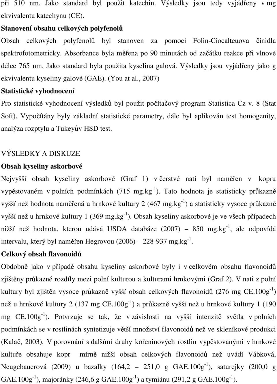 Absorbance byla měřena po 90 minutách od začátku reakce při vlnové délce 765 nm. Jako standard byla použita kyselina galová. Výsledky jsou vyjádřeny jako g ekvivalentu kyseliny galové (GAE).