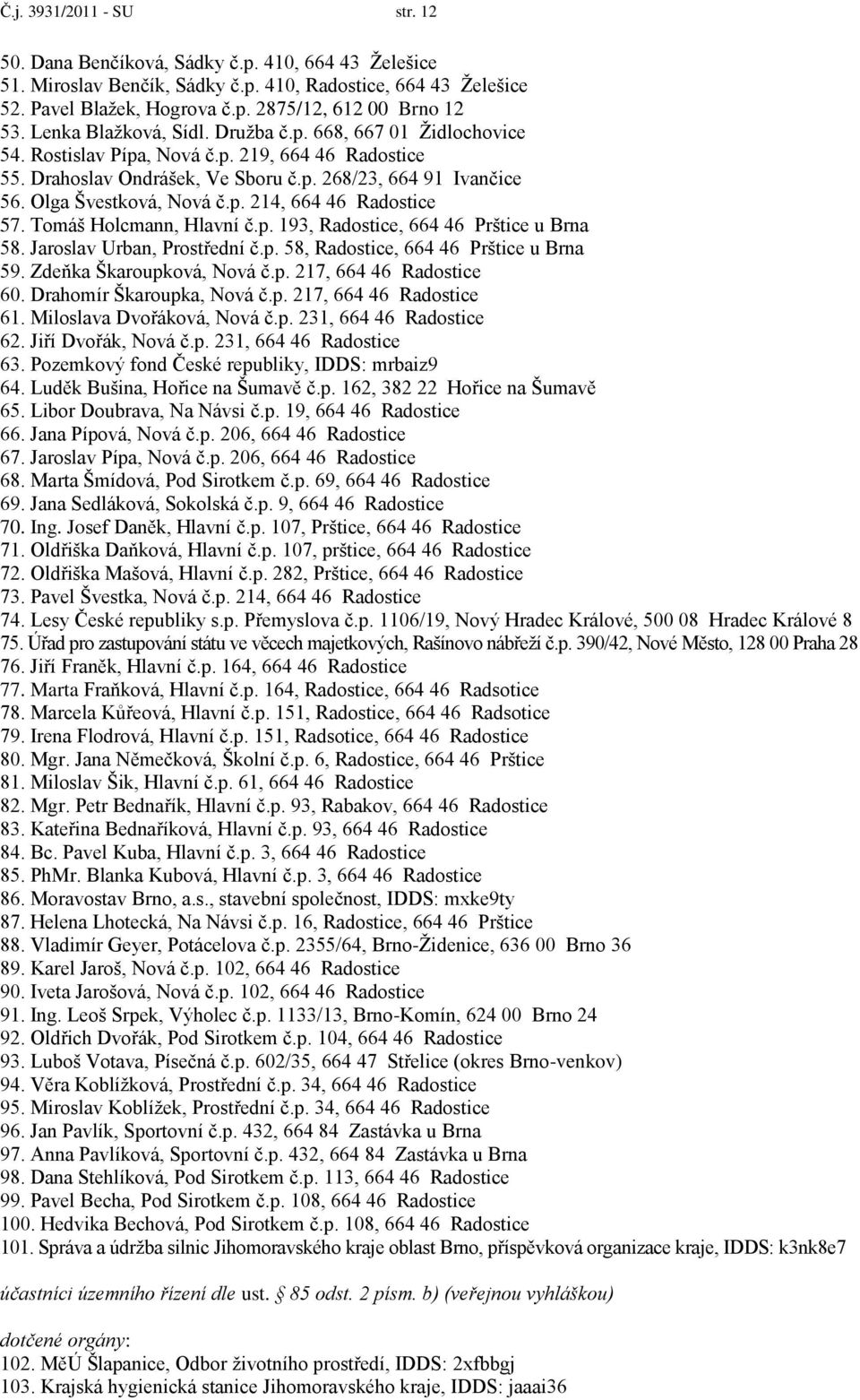 p. 214, 664 46 Radostice 57. Tomáš Holcmann, Hlavní č.p. 193, Radostice, 664 46 Prštice u Brna 58. Jaroslav Urban, Prostřední č.p. 58, Radostice, 664 46 Prštice u Brna 59. Zdeňka Škaroupková, Nová č.