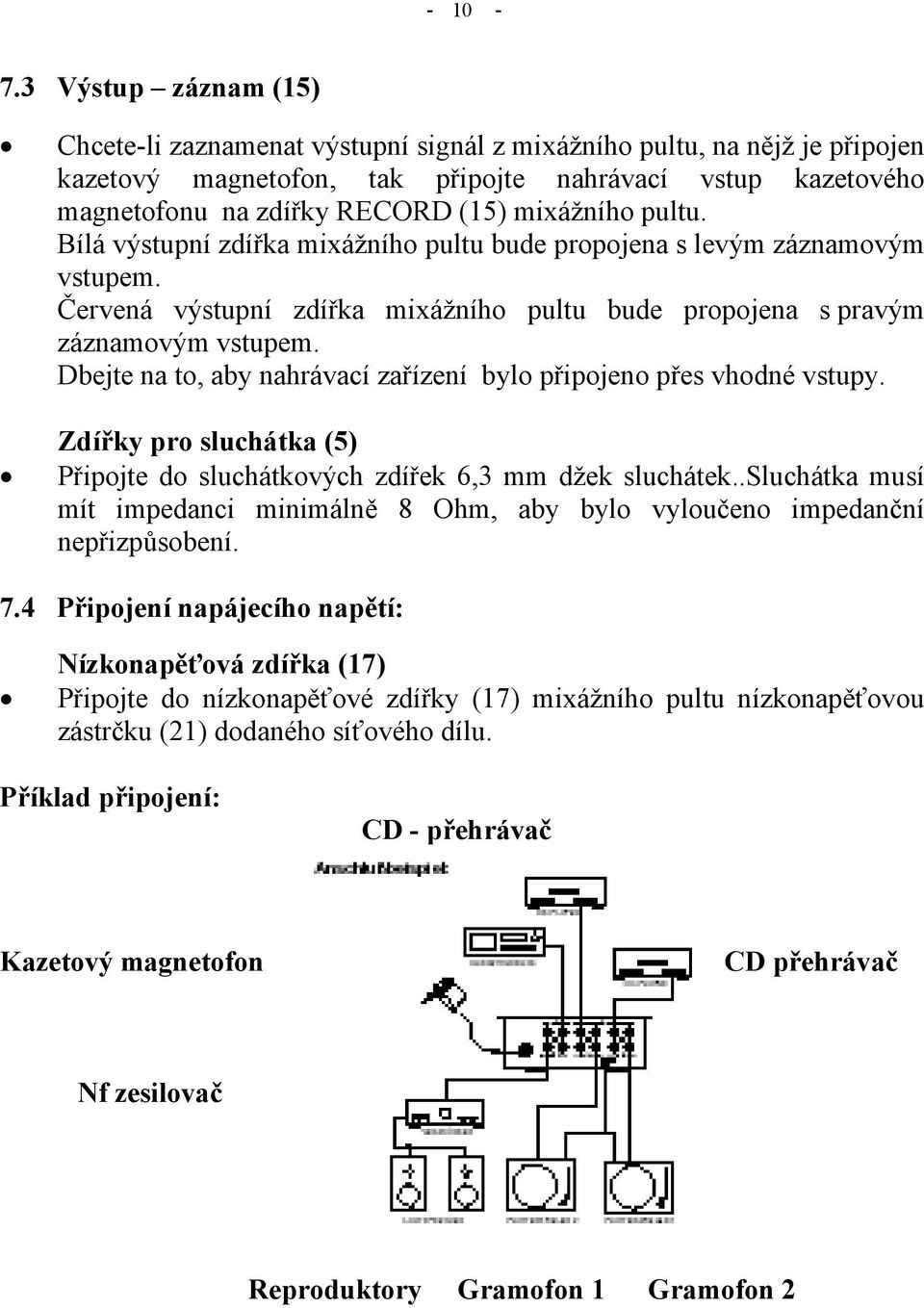 mixážního pultu. Bílá výstupní zdířka mixážního pultu bude propojena s levým záznamovým vstupem. Červená výstupní zdířka mixážního pultu bude propojena s pravým záznamovým vstupem.