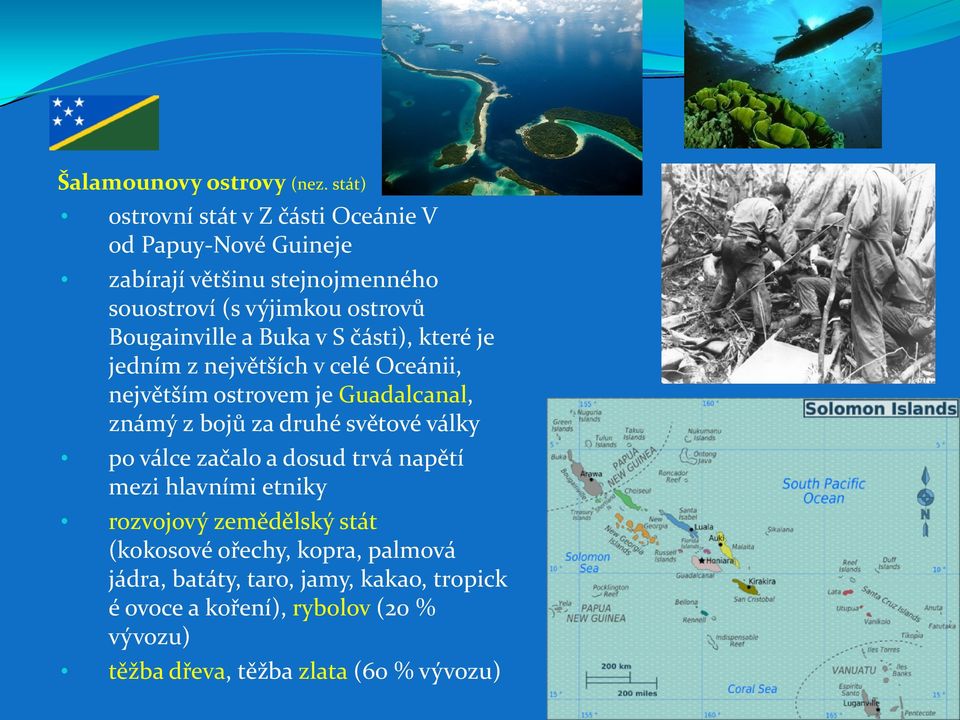 Bougainville a Buka v S části), které je jedním z největších v celé Oceánii, největším ostrovem je Guadalcanal, známý z bojů za druhé