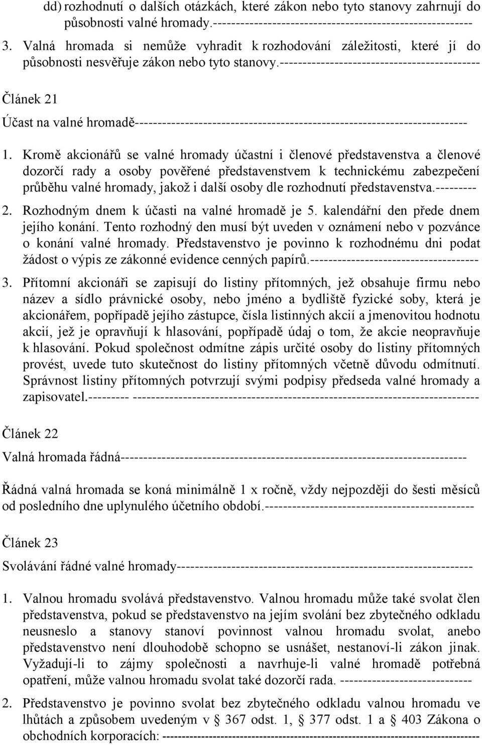 -------------------------------------------- Článek 21 Účast na valné hromadě------------------------------------------------------------------------- 1.