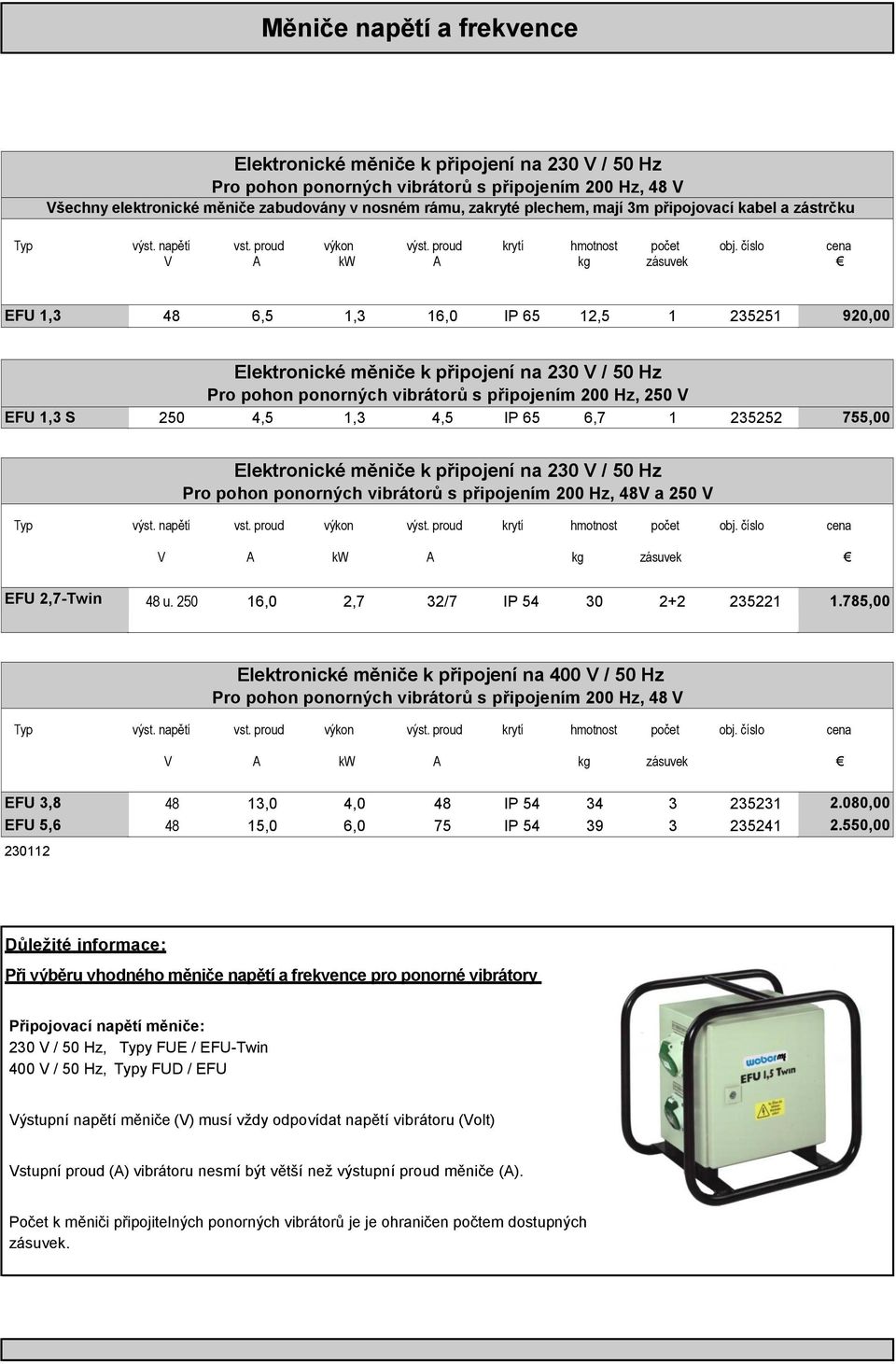 číslo cena V A kw A kg zásuvek EFU 1,3 48 6,5 1,3 16,0 IP 65 12,5 1 235251 920,00 Elektronické měniče k připojení na 230 V / 50 Hz Pro pohon ponorných vibrátorů s připojením 200 Hz, 250 V EFU 1,3 S