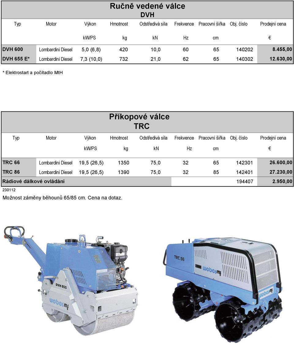 455,00 12.630,00 * Elektrostart a počítadlo MtH TRC 66 TRC 86 Příkopové válce TRC Typ Motor Výkon Hmotnost Odstředivá síla Frekvence Pracovní šířka Obj.