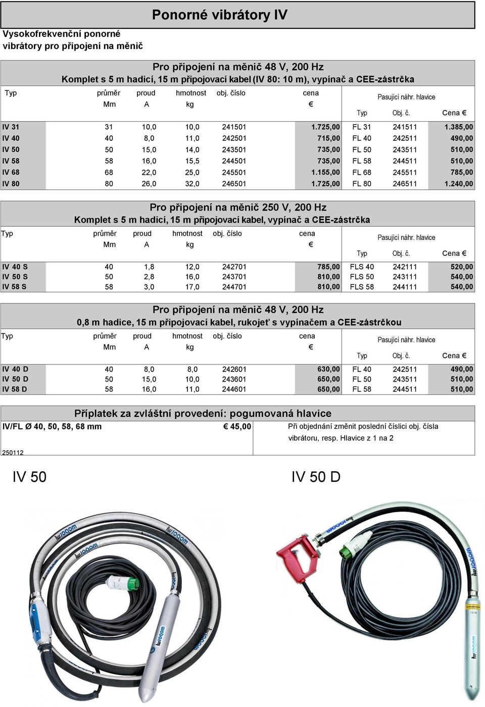 385,00 IV 40 40 8,0 11,0 242501 715,00 FL 40 242511 490,00 IV 50 50 15,0 14,0 243501 735,00 FL 50 243511 510,00 IV 58 58 16,0 15,5 244501 735,00 FL 58 244511 510,00 IV 68 68 22,0 25,0 245501 1.